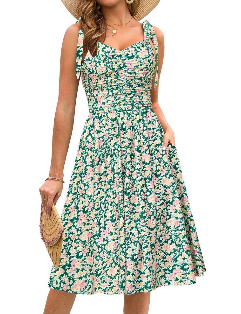 Kranda Summer Casual Tie Strap Sundress V Neck Sleeveless Flowy Boho Floral Midi